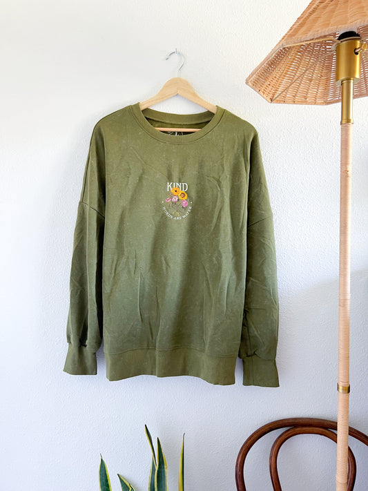 Kind Words Are Water Green Mineral Wash Split Hem Embroidered Pullover